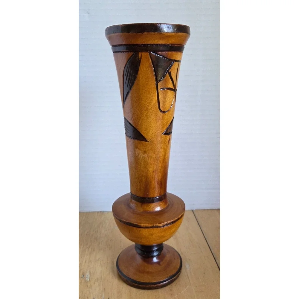 Vintage Hand Carved Turned Wooden Vase Floral and Leaf Etched Design 10 inches